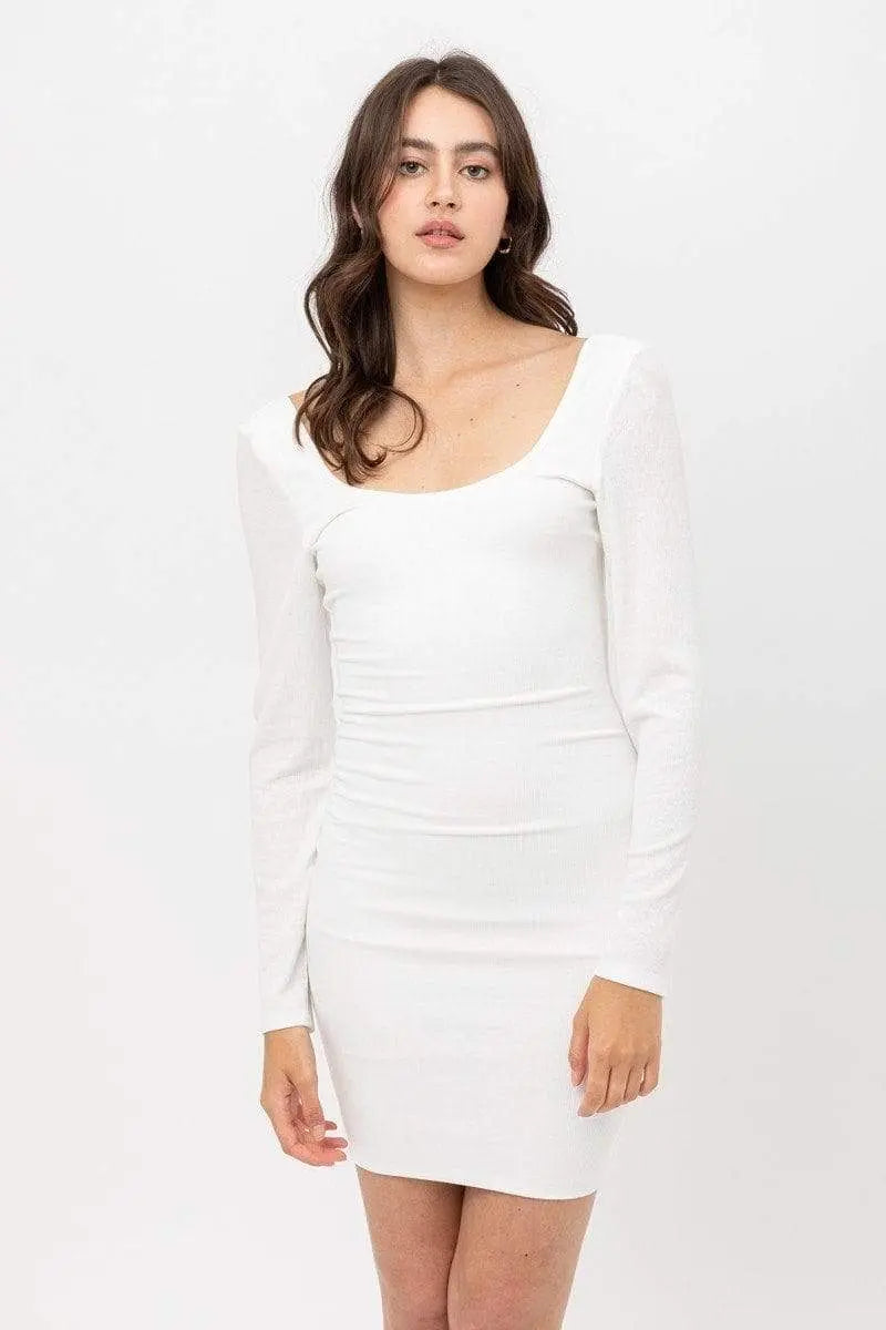 U Neck On Front And Back Side, Basic Rib Dress With Long Sleeve Blue Zone Planet
