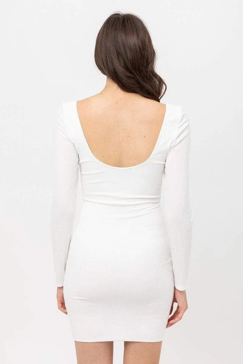 U Neck On Front And Back Side, Basic Rib Dress With Long Sleeve Blue Zone Planet