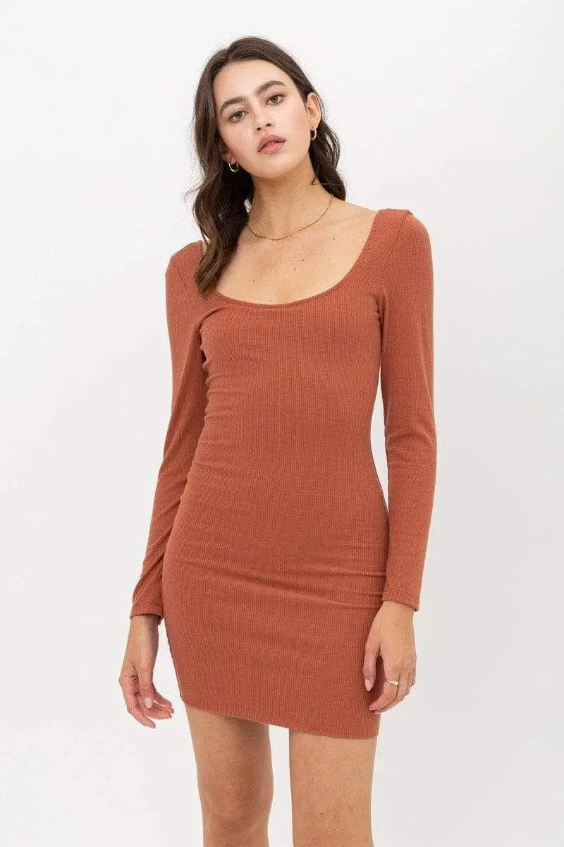 U Neck On Front And Back Side, Basic Rib Dress With Long Sleeve Blue Zone Planet