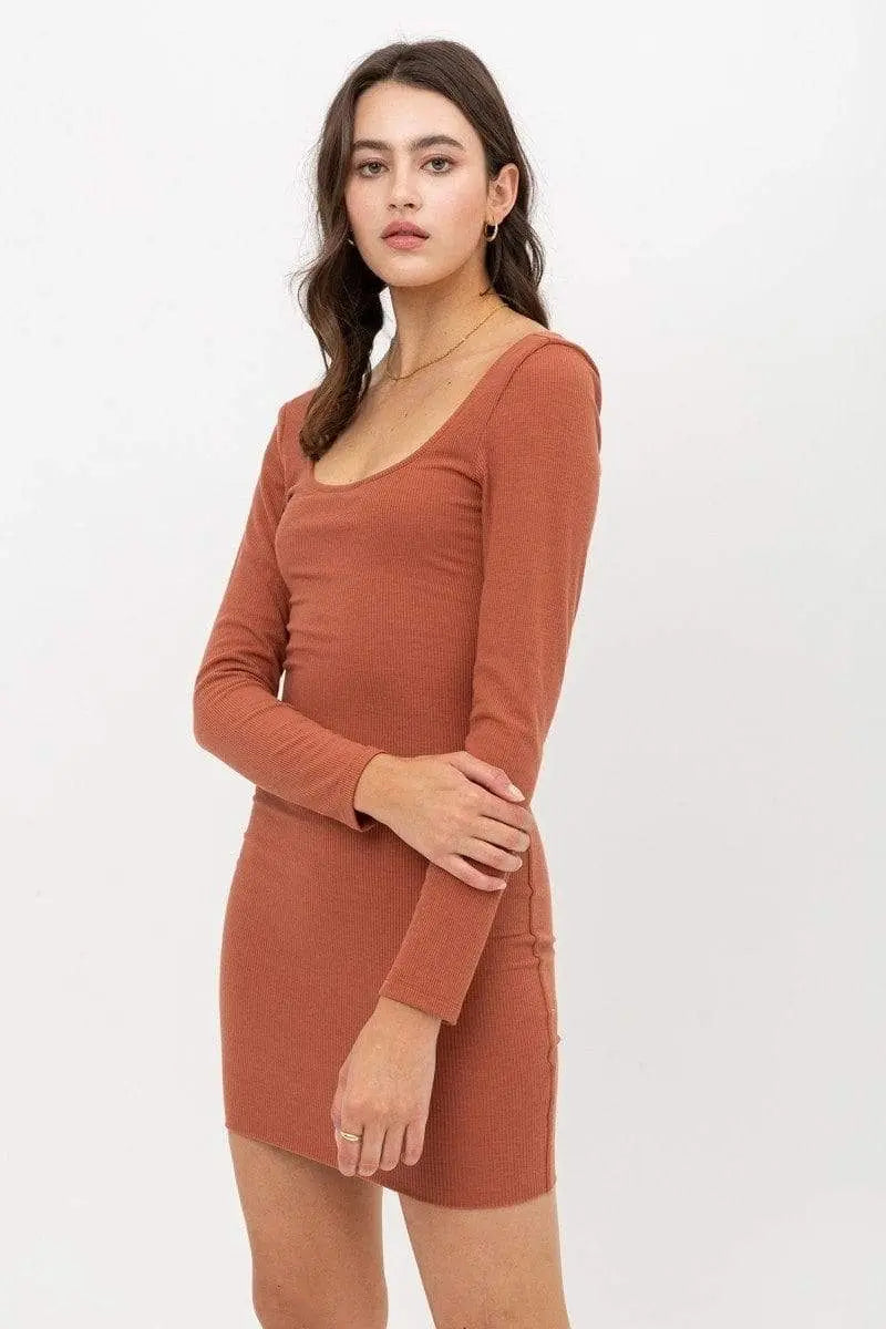 U Neck On Front And Back Side, Basic Rib Dress With Long Sleeve Blue Zone Planet