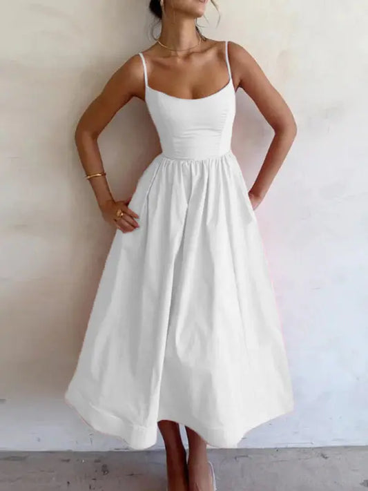 U-neck pleated waist spaghetti strap solid color midi dress kakaclo