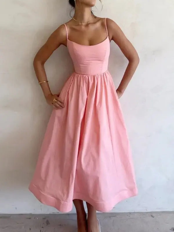 U-neck pleated waist spaghetti strap solid color midi dress kakaclo