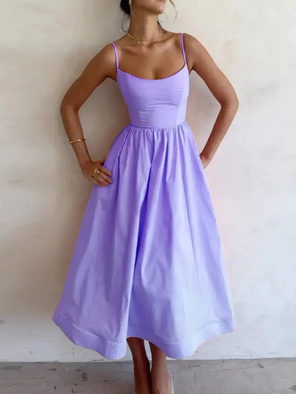U-neck pleated waist spaghetti strap solid color midi dress kakaclo