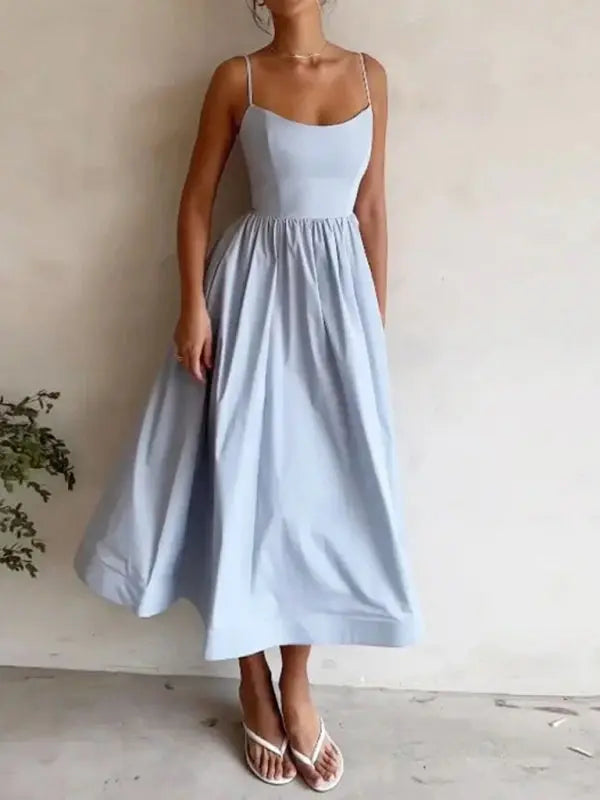 U-neck pleated waist spaghetti strap solid color midi dress kakaclo