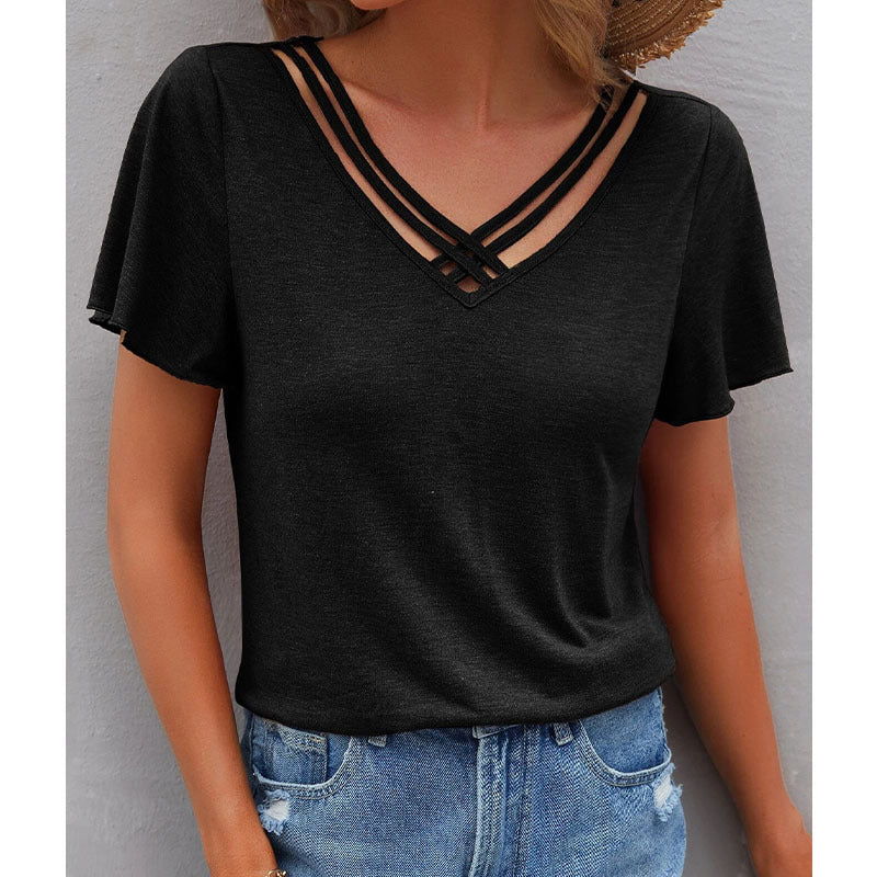 Blue Zone Planet | Solid Color Ruffle Sleeve Short Sleeve Top T-Shirt BLUE ZONE PLANET
