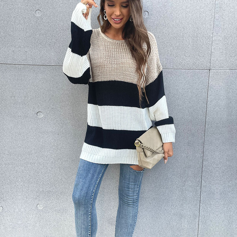 Blue Zone Planet | mid-length striped round neck knitted sweater BLUE ZONE PLANET
