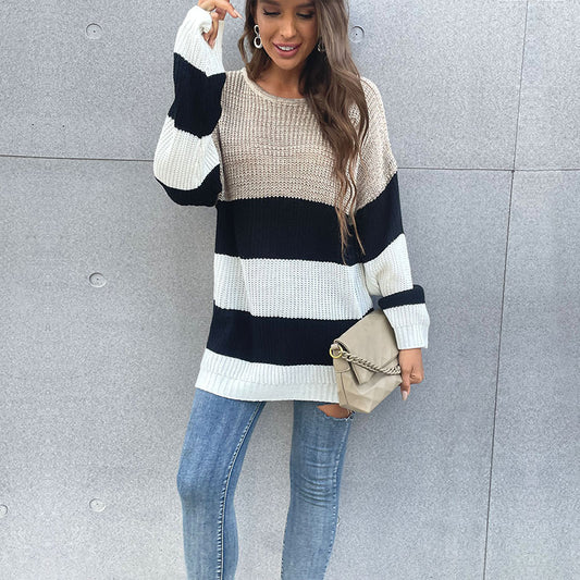 Blue Zone Planet |  mid-length striped round neck knitted sweater BLUE ZONE PLANET