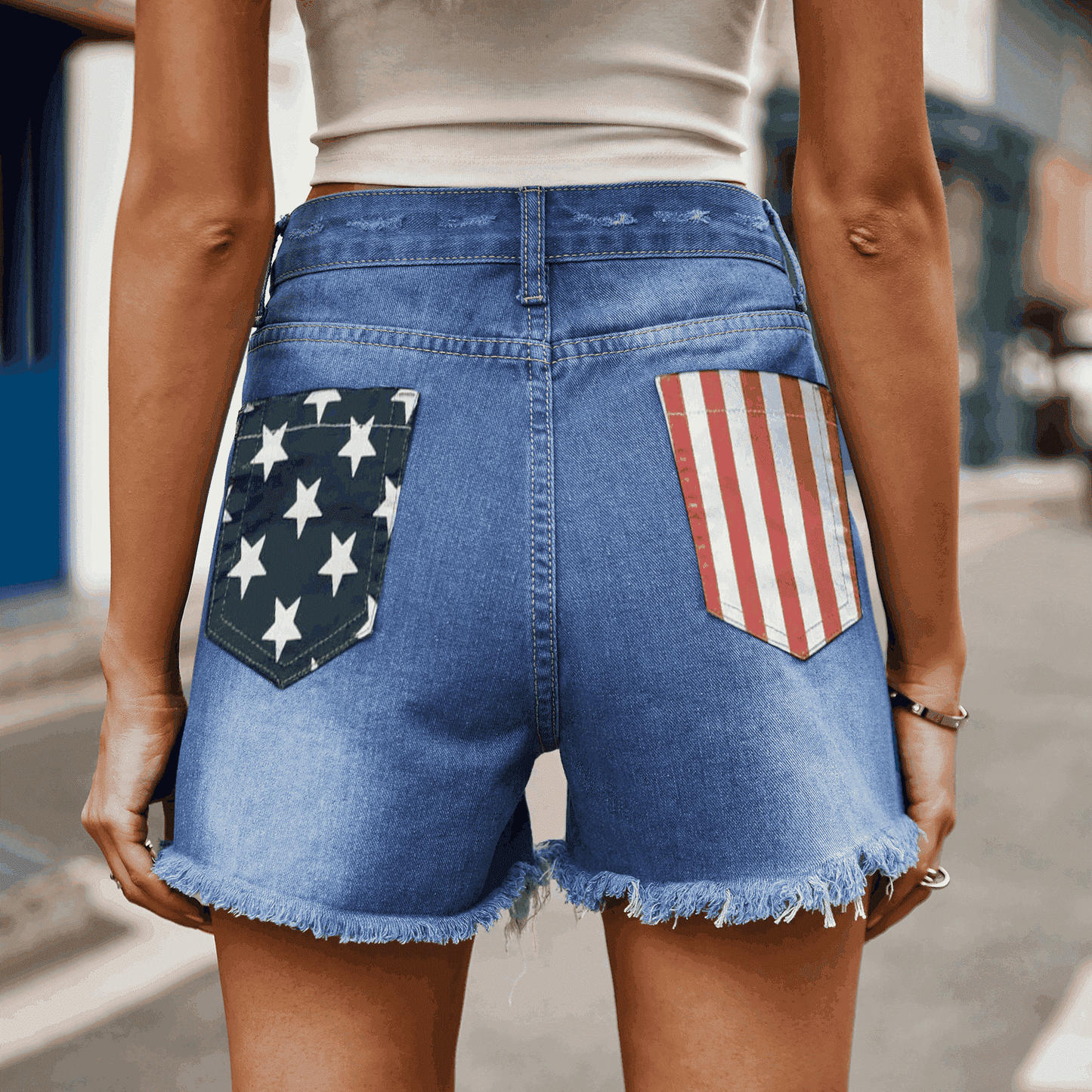 US Flag Distressed Denim Shorts BLUE ZONE PLANET