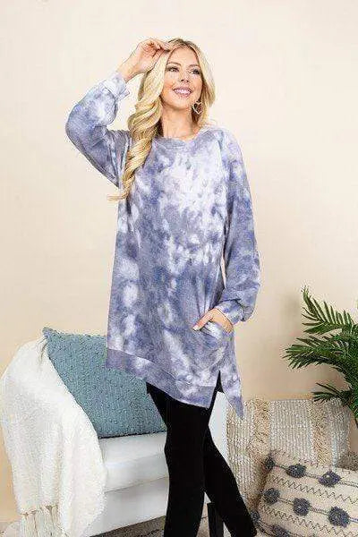 Ultra Cozy Tie-Dye French Terry Brush Oversize Casual Pullover Blue Zone Planet