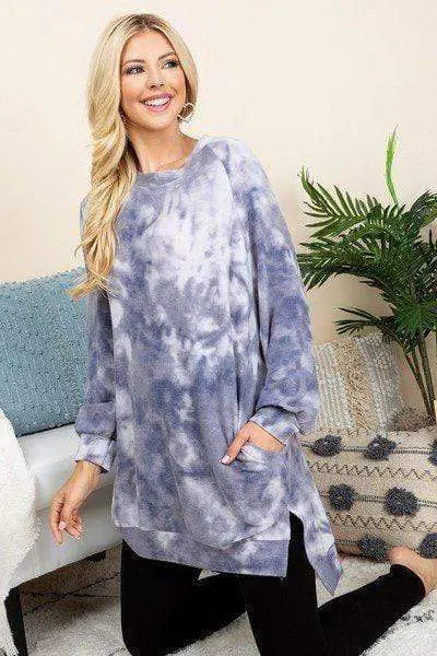 Ultra Cozy Tie-Dye French Terry Brush Oversize Casual Pullover Blue Zone Planet
