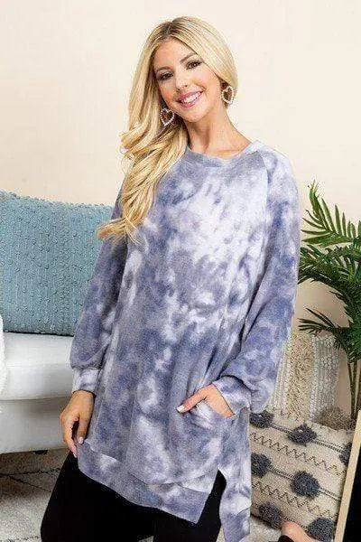 Ultra Cozy Tie-Dye French Terry Brush Oversize Casual Pullover Blue Zone Planet