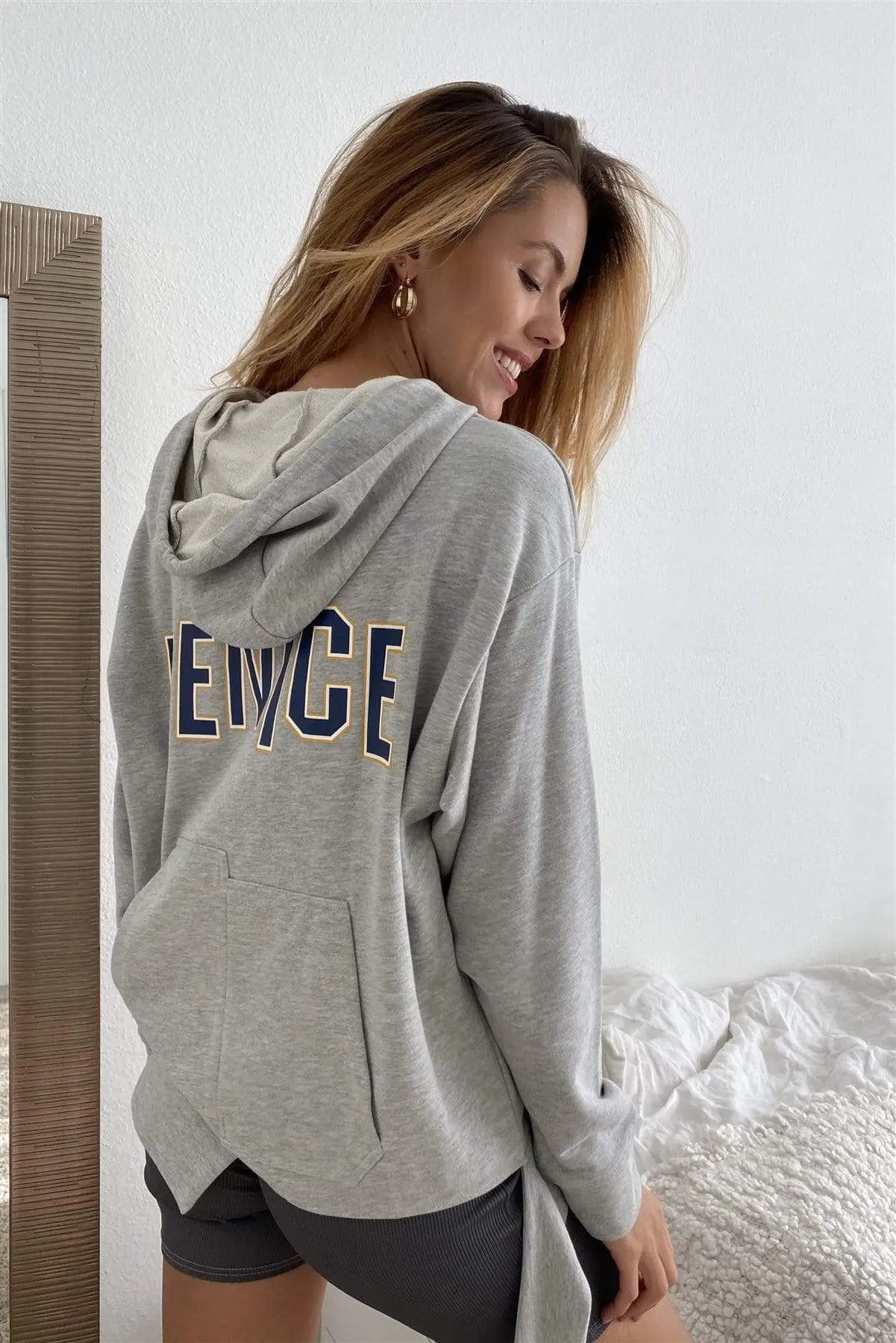 Uneven Hem Graphic "venice" Pullover Hoodie Blue Zone Planet