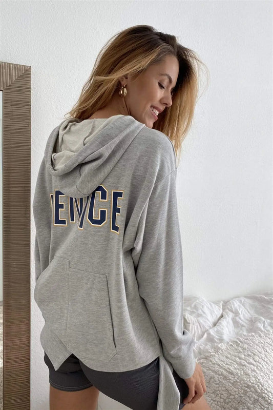 Uneven Hem Graphic "venice" Pullover Hoodie Blue Zone Planet
