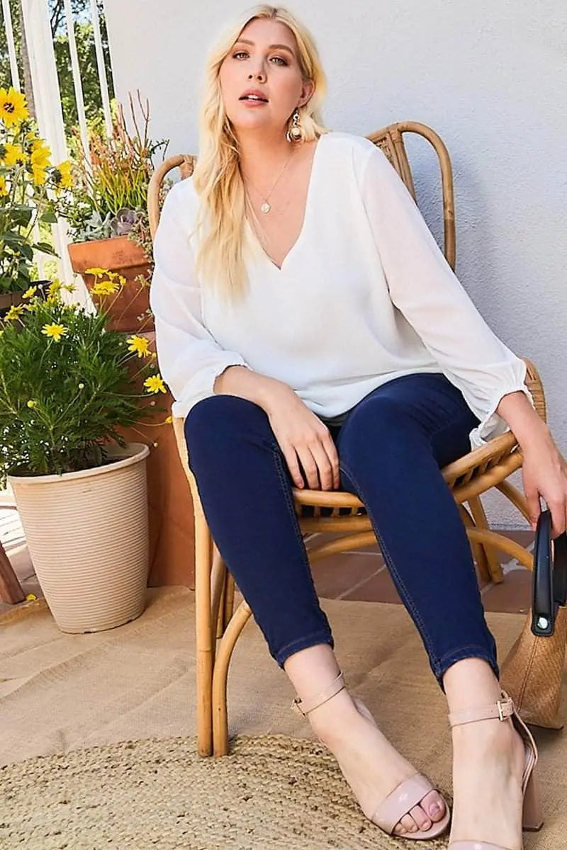 V Neck Bubble Sleeve Solid Top Blue Zone Planet