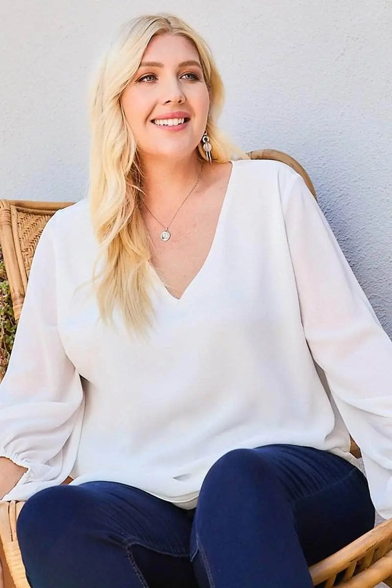 V Neck Bubble Sleeve Solid Top Blue Zone Planet