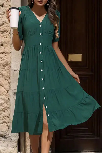 V-Neck Button Up Balloon Sleeve Midi Dress Trendsi