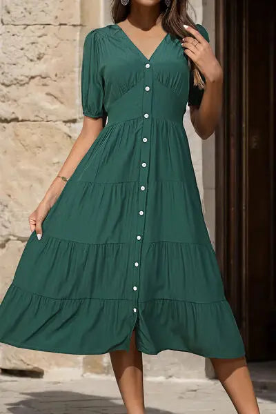 V-Neck Button Up Balloon Sleeve Midi Dress Trendsi