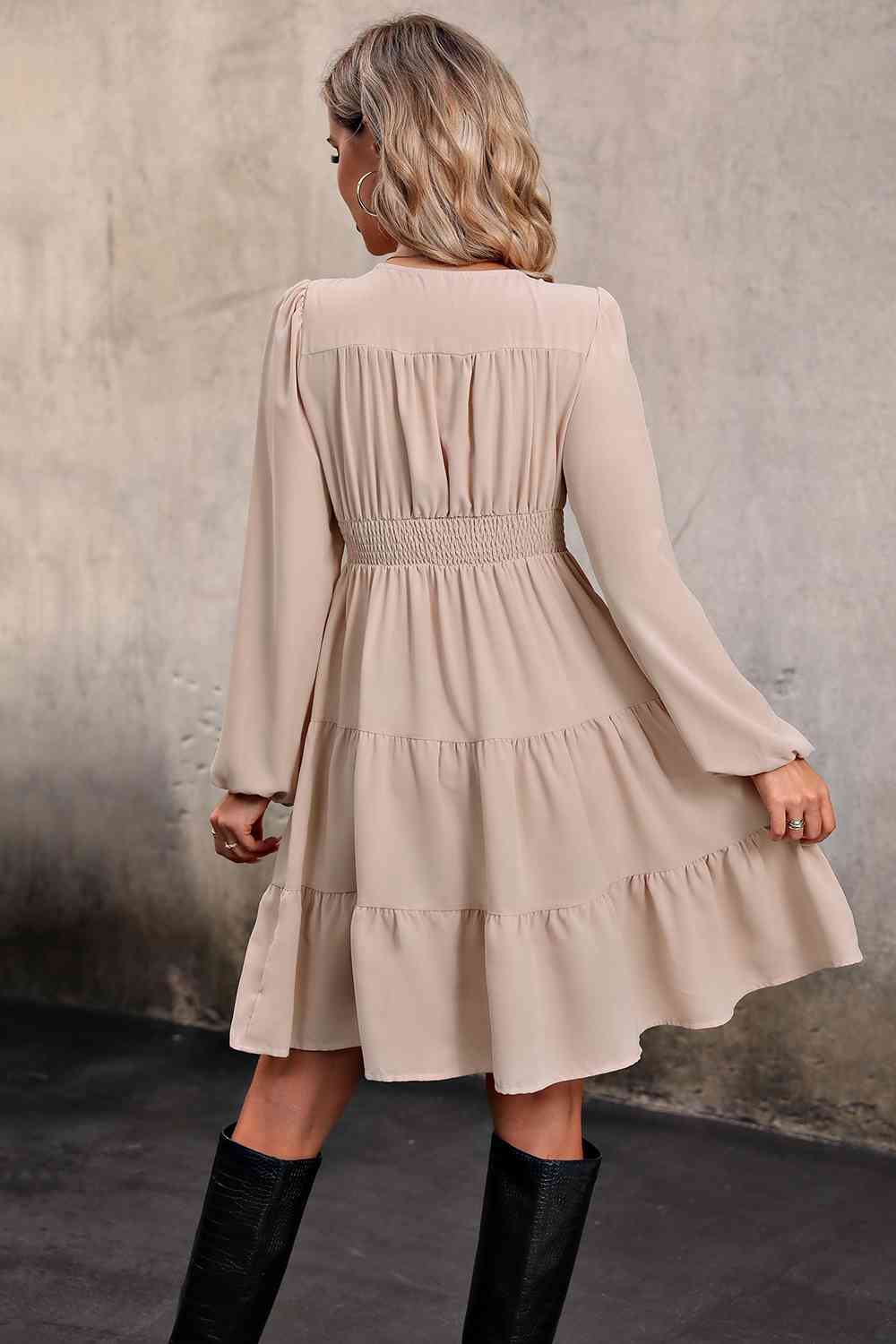 V Neck Button Up Tiered Dress BLUE ZONE PLANET