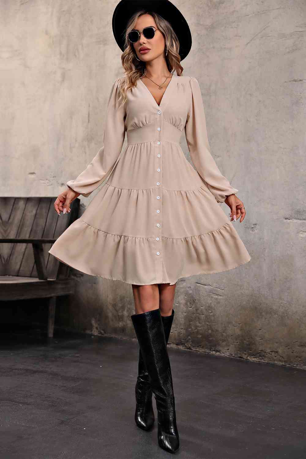 V Neck Button Up Tiered Dress BLUE ZONE PLANET