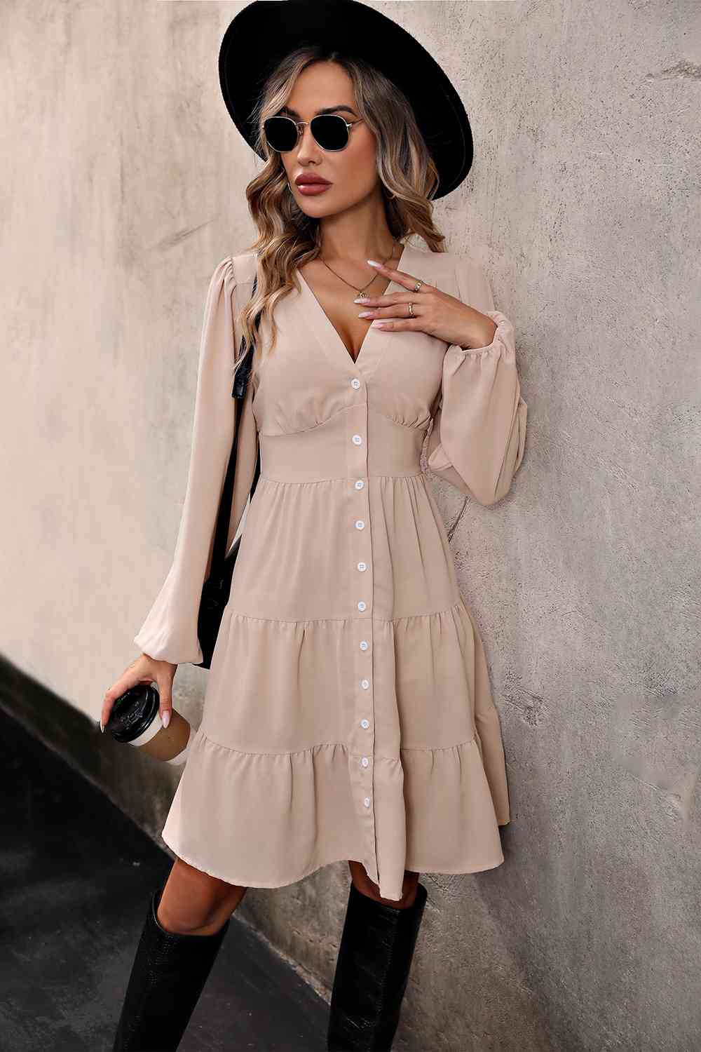 V Neck Button Up Tiered Dress BLUE ZONE PLANET