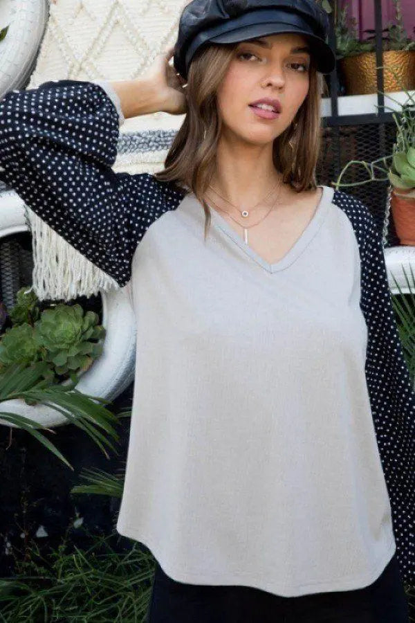 V-Neck Contrast Woven Dot Print Long Sleeve Knit Top Blue Zone Planet