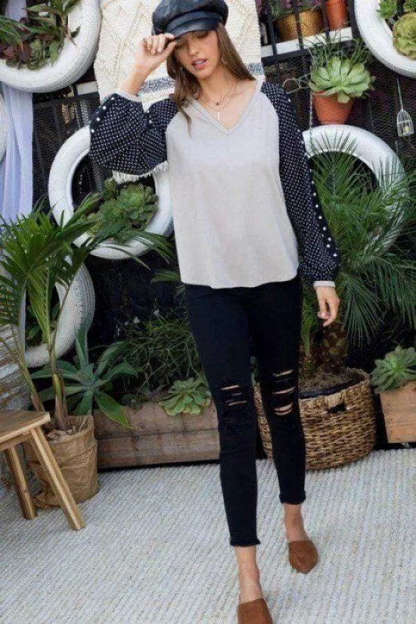 V-Neck Contrast Woven Dot Print Long Sleeve Knit Top Blue Zone Planet