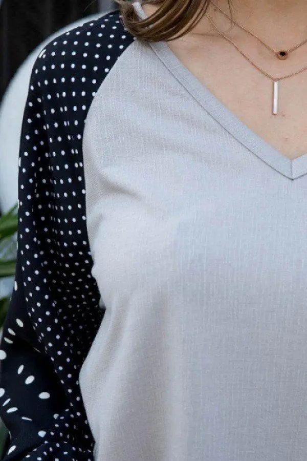 V-Neck Contrast Woven Dot Print Long Sleeve Knit Top Blue Zone Planet