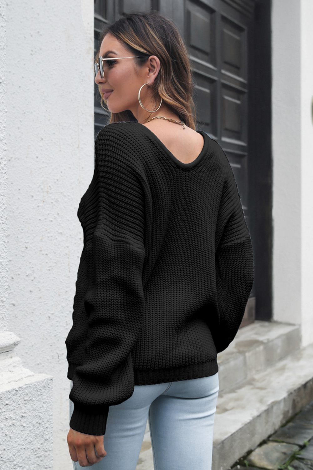 V-Neck Drop Shoulder Sweater BLUE ZONE PLANET