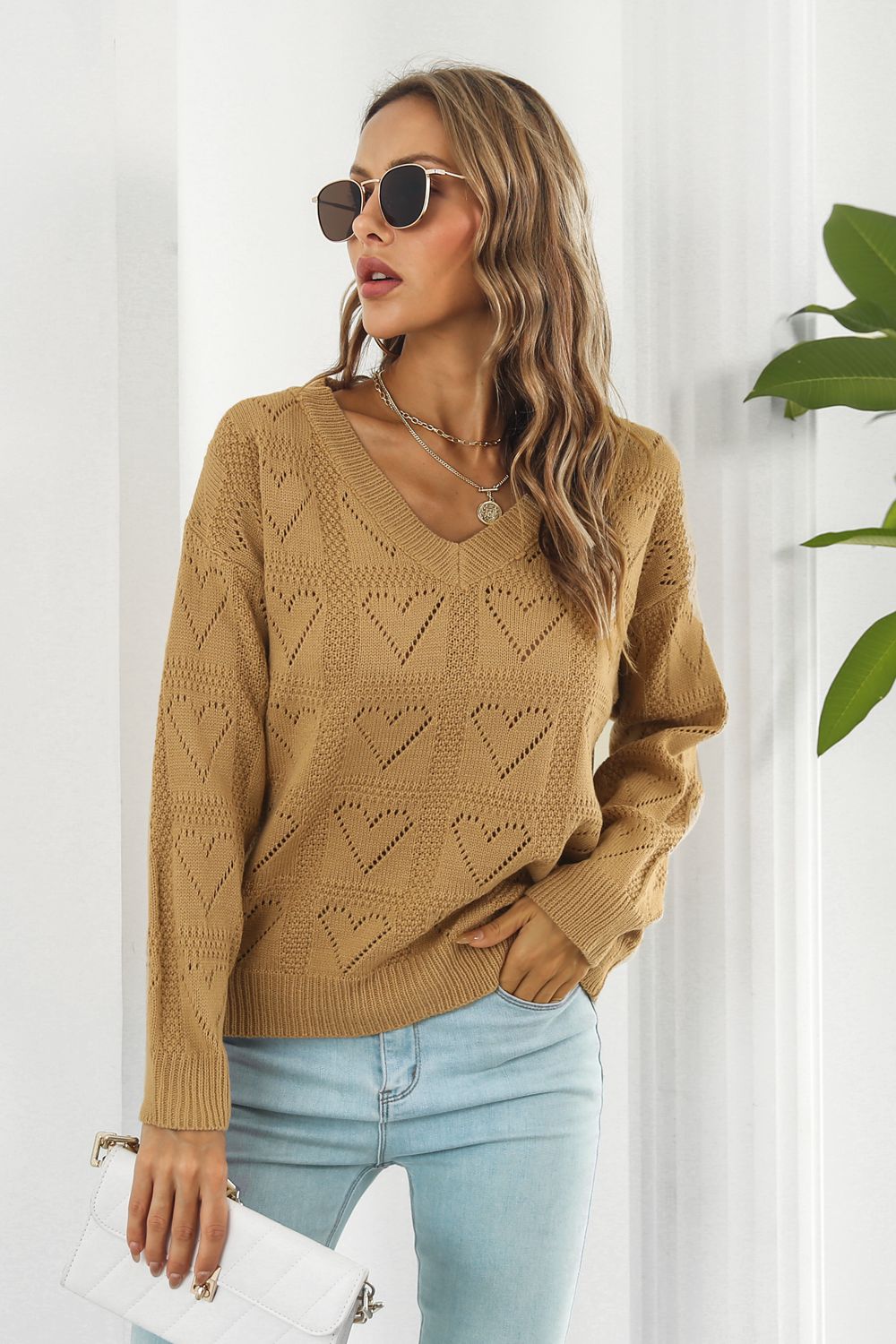 V-Neck Drop Shoulder Sweater BLUE ZONE PLANET