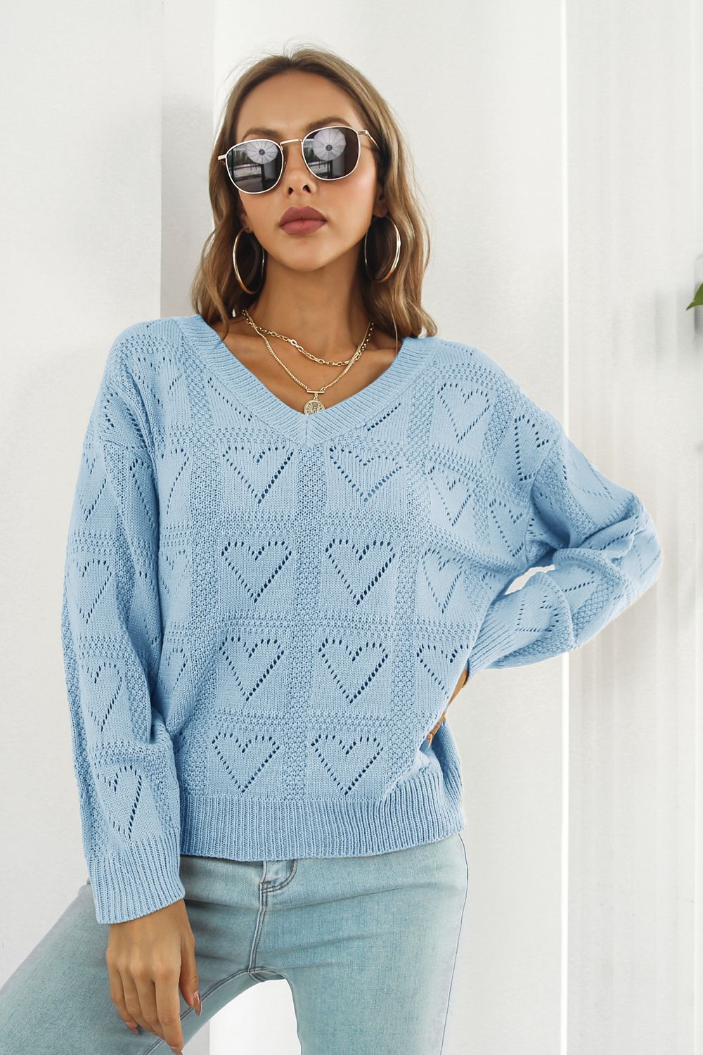 V-Neck Drop Shoulder Sweater BLUE ZONE PLANET