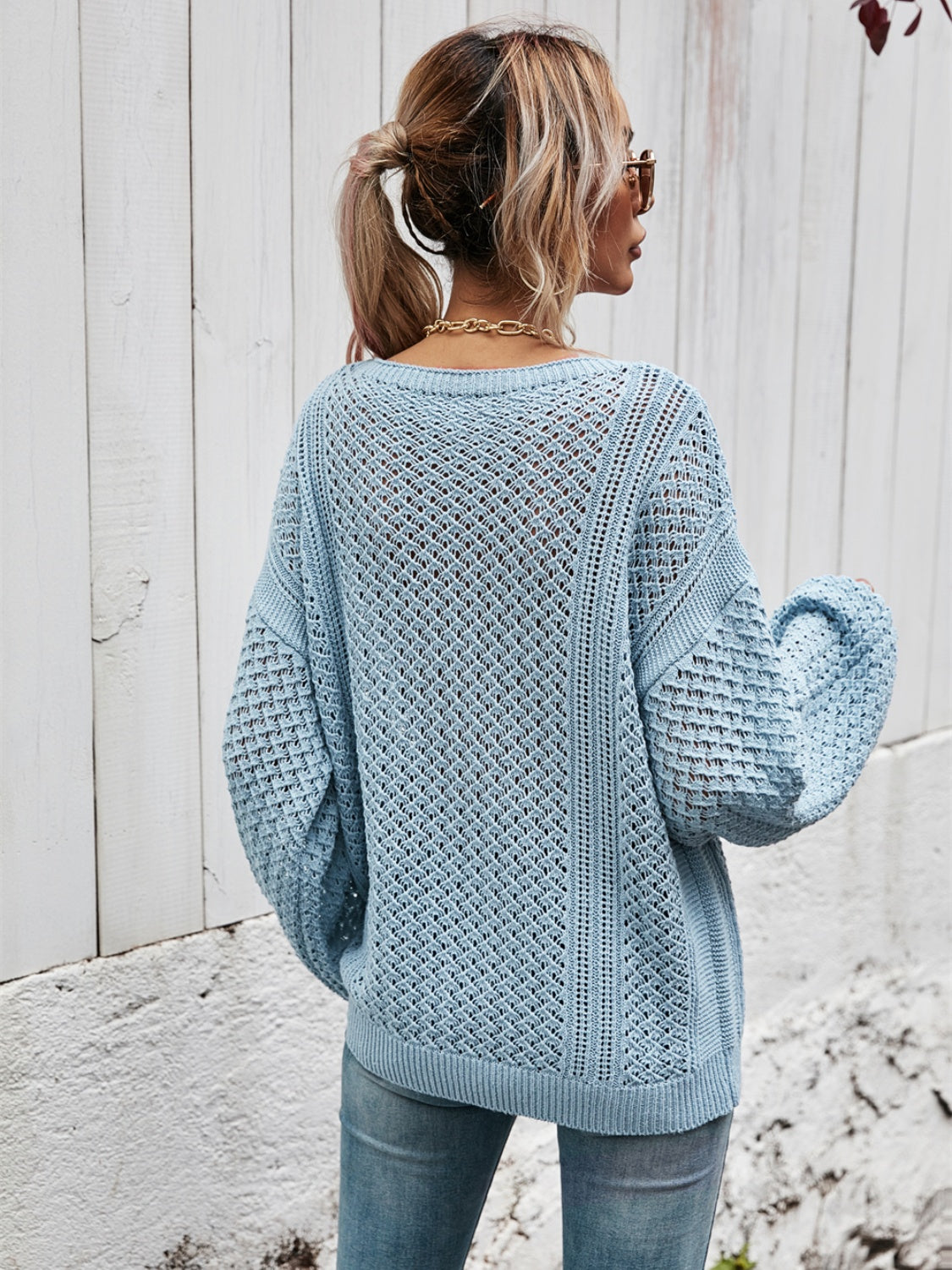 V-Neck Dropped Shoulder Sweater BLUE ZONE PLANET