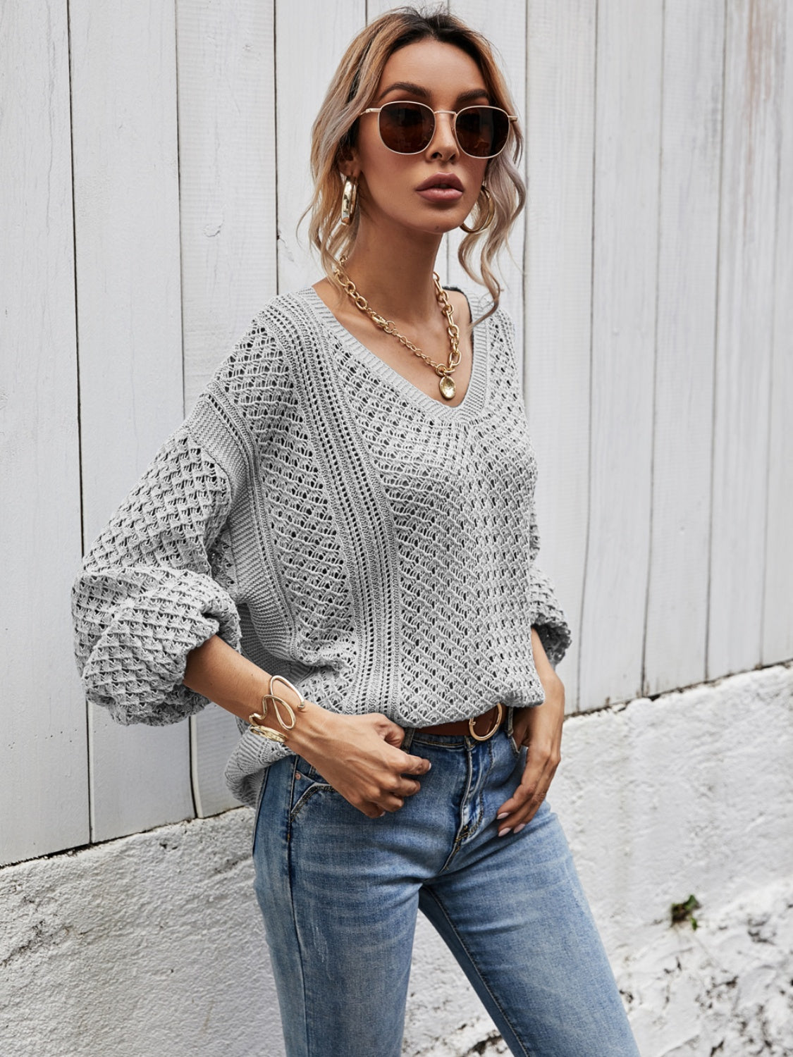 V-Neck Dropped Shoulder Sweater BLUE ZONE PLANET