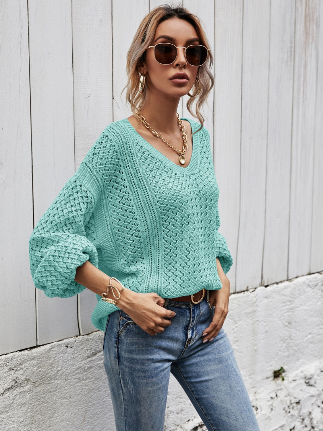 V-Neck Dropped Shoulder Sweater BLUE ZONE PLANET