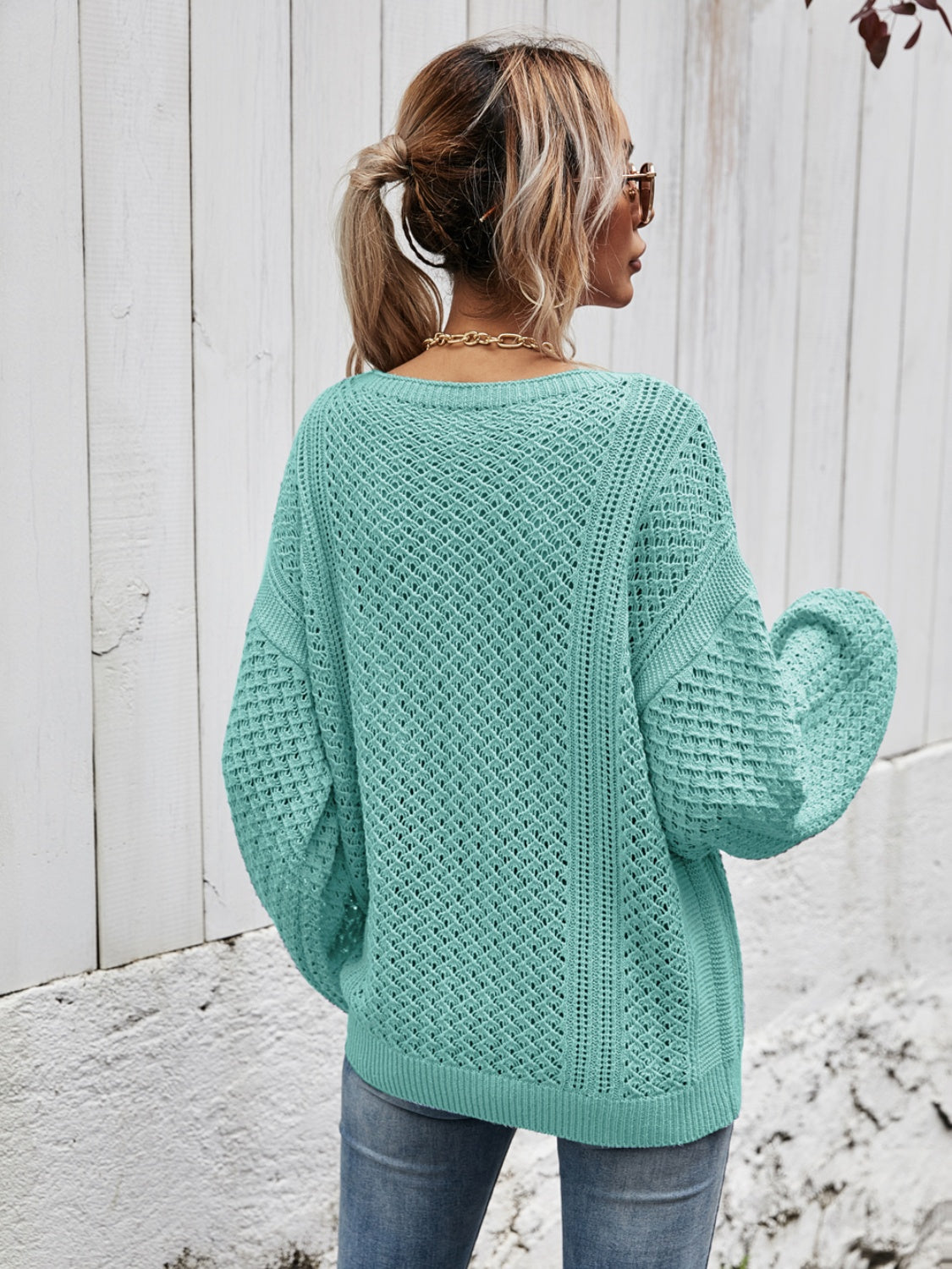 V-Neck Dropped Shoulder Sweater BLUE ZONE PLANET