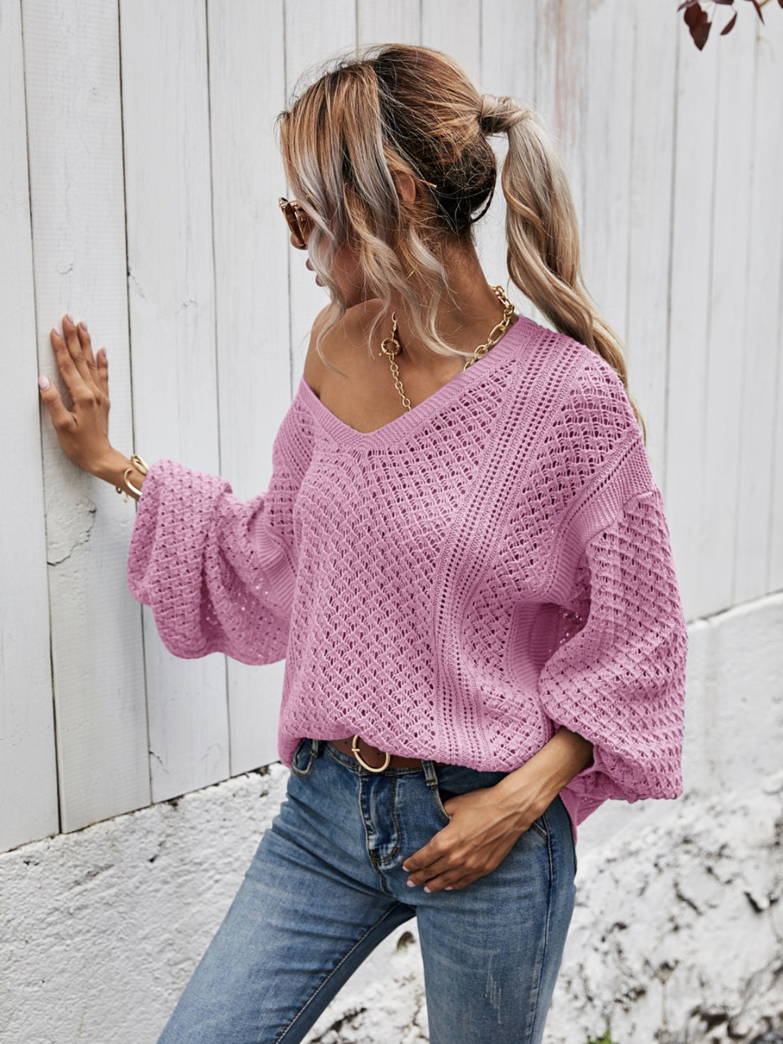 V-Neck Dropped Shoulder Sweater BLUE ZONE PLANET