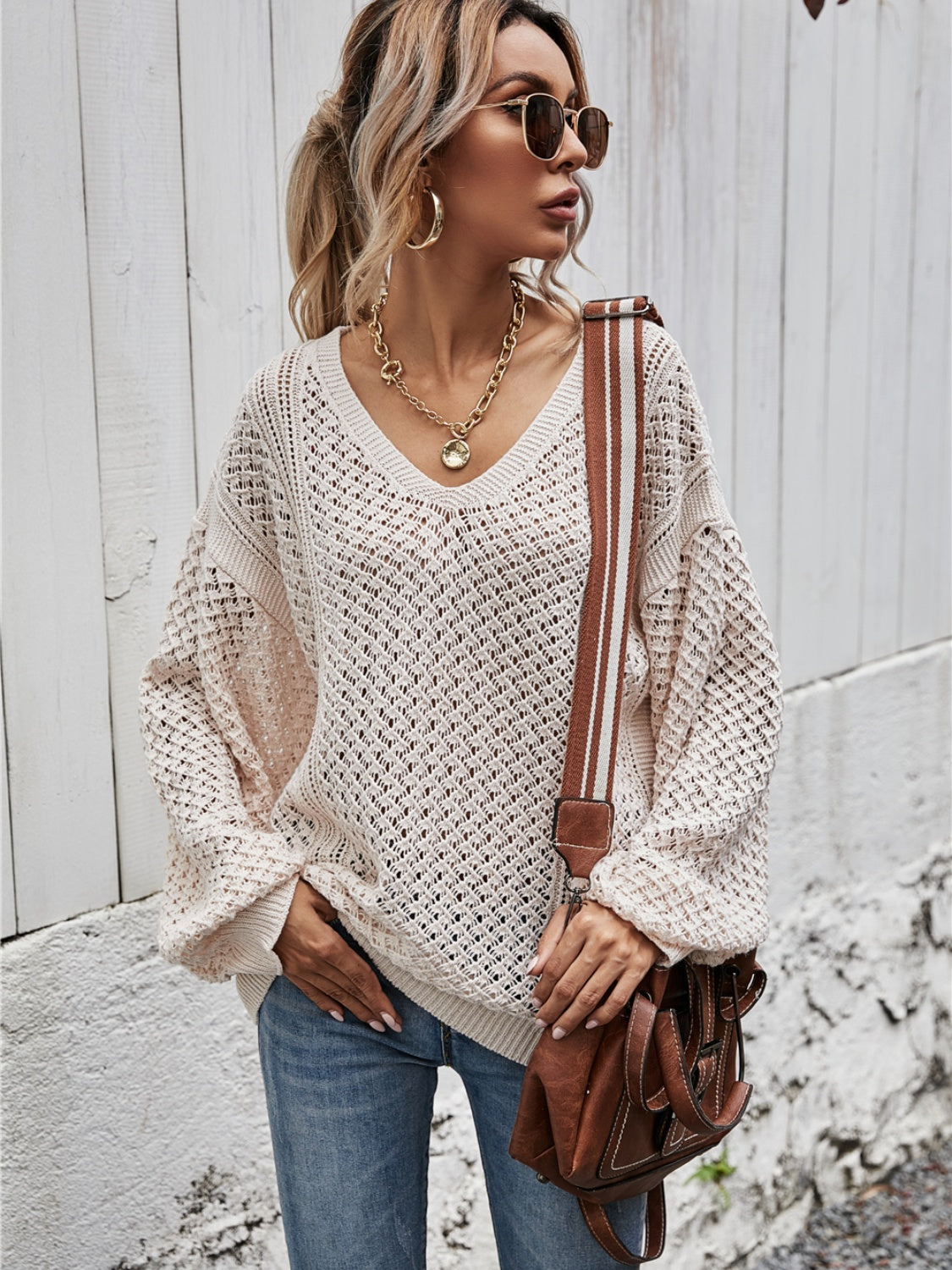V-Neck Dropped Shoulder Sweater BLUE ZONE PLANET