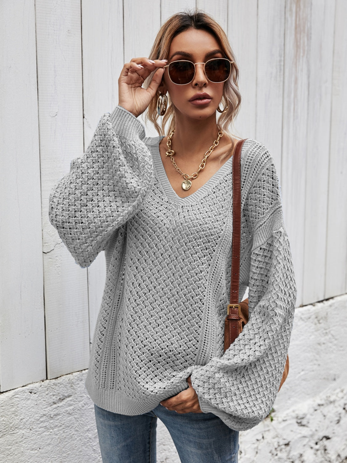 V-Neck Dropped Shoulder Sweater BLUE ZONE PLANET
