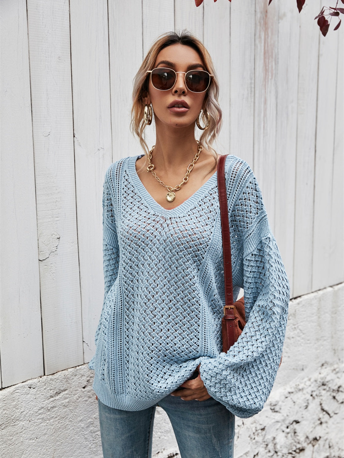 V-Neck Dropped Shoulder Sweater BLUE ZONE PLANET