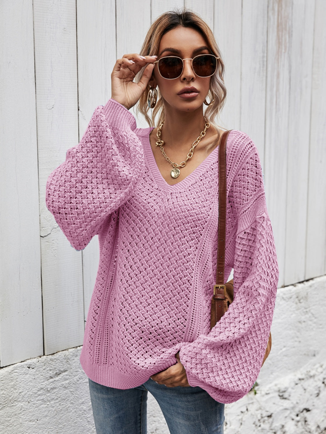 V-Neck Dropped Shoulder Sweater BLUE ZONE PLANET