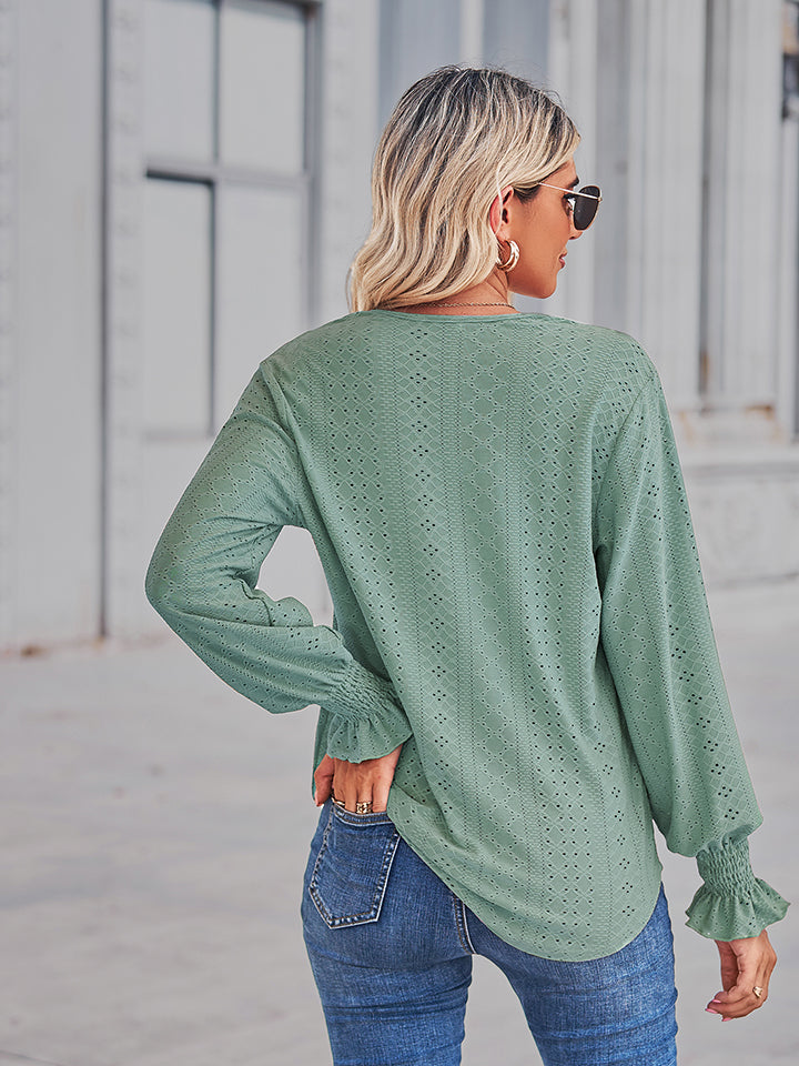 V-Neck Eyelet Flounce Sleeve Blouse BLUE ZONE PLANET
