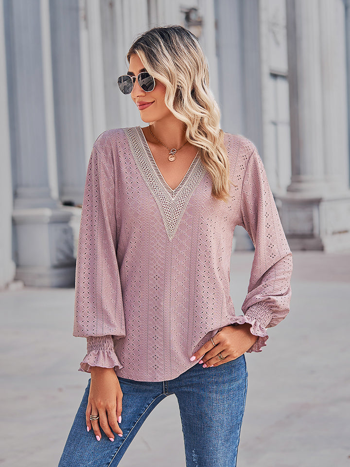V-Neck Eyelet Flounce Sleeve Blouse BLUE ZONE PLANET