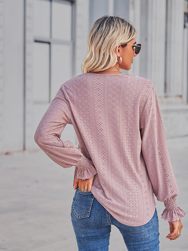 V-Neck Eyelet Flounce Sleeve Blouse BLUE ZONE PLANET