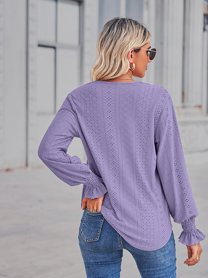 V-Neck Eyelet Flounce Sleeve Blouse BLUE ZONE PLANET