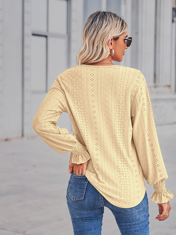 V-Neck Eyelet Flounce Sleeve Blouse BLUE ZONE PLANET