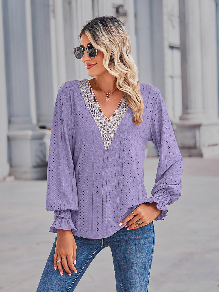 V-Neck Eyelet Flounce Sleeve Blouse BLUE ZONE PLANET