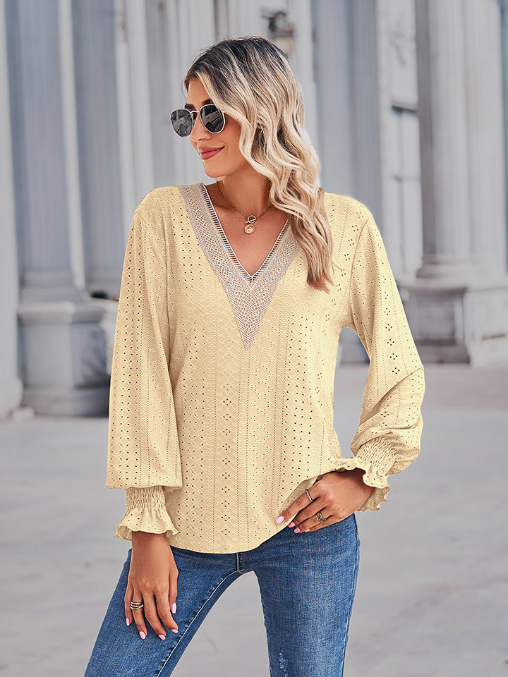 V-Neck Eyelet Flounce Sleeve Blouse BLUE ZONE PLANET