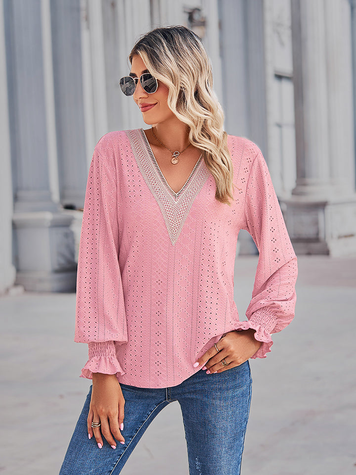 V-Neck Eyelet Flounce Sleeve Blouse BLUE ZONE PLANET