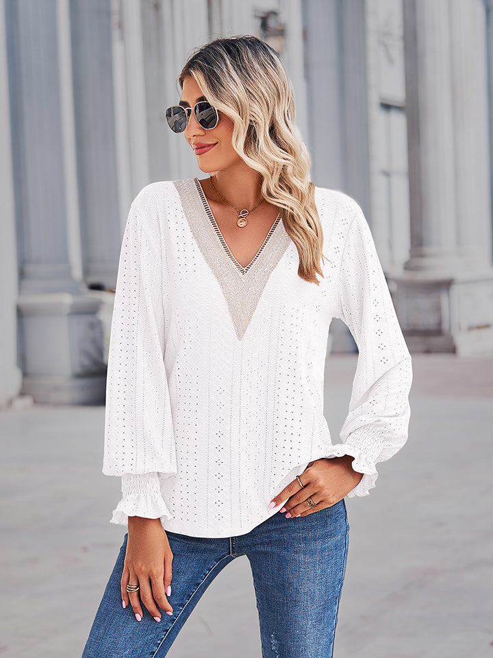 V-Neck Eyelet Flounce Sleeve Blouse BLUE ZONE PLANET