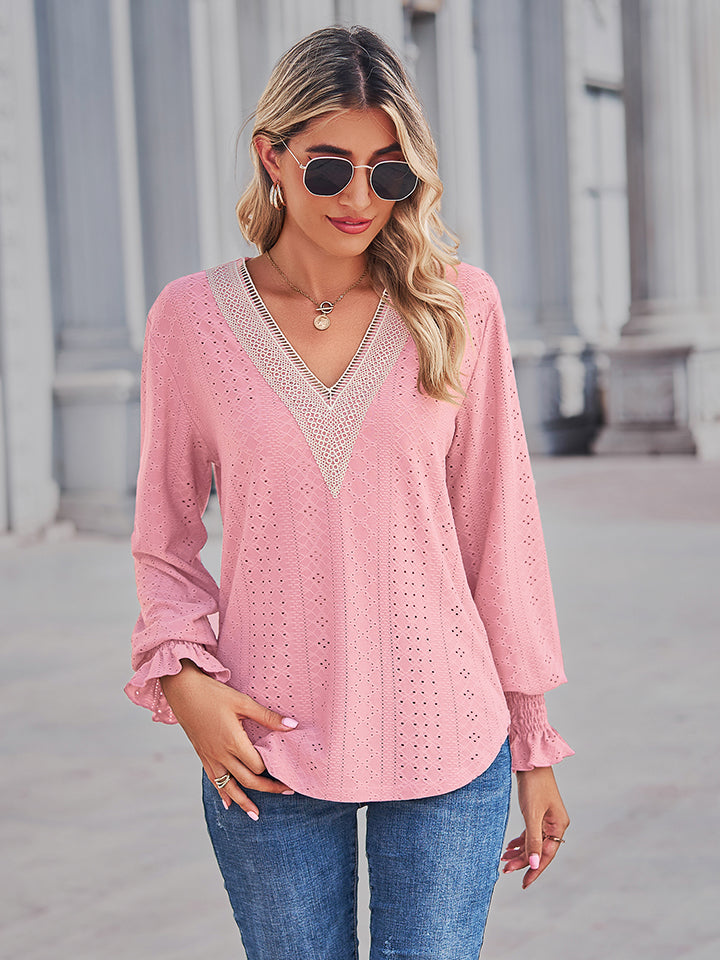 V-Neck Eyelet Flounce Sleeve Blouse BLUE ZONE PLANET