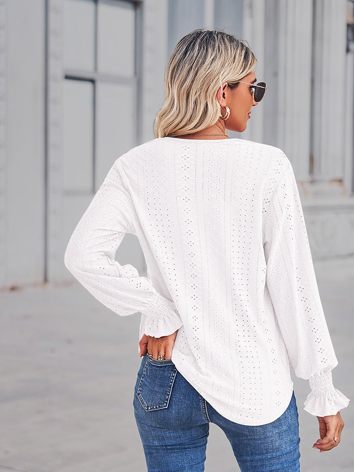 V-Neck Eyelet Flounce Sleeve Blouse BLUE ZONE PLANET